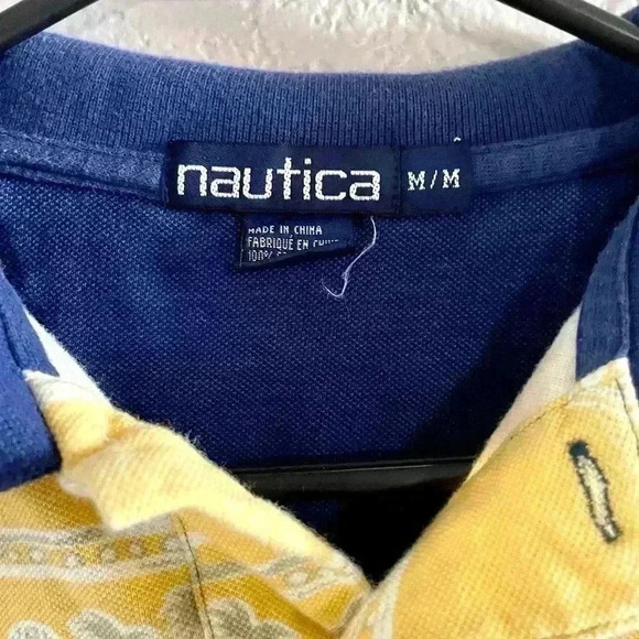 Nautica Mens Polo Yellow Blue Stripe Fish Short Sleeve Casual Polo Size Medium - Picture 4 of 6